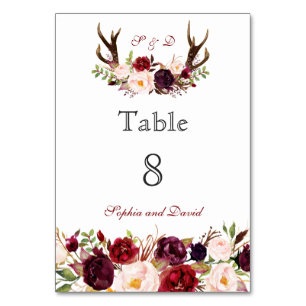 Burgundy Marsala Floral Antlers Table Number