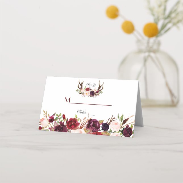 Burgundy Marsala Floral Antlers Table Number Place Card (Front)