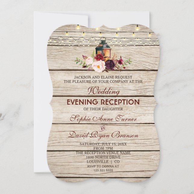 Burgundy Marsala Floral Antlers Wedding Evening Invitation (Front)