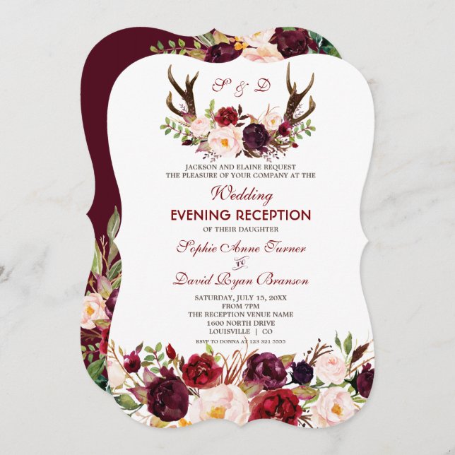Burgundy Marsala Floral Antlers Wedding Evening Invitation (Front/Back)