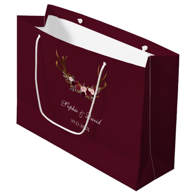 Burgundy Marsala Floral Antlers Wedding Large Gift Bag (Front Angled)