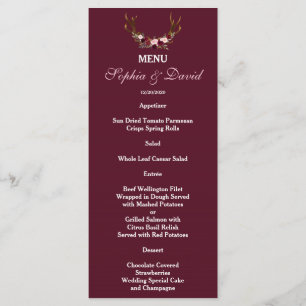 Burgundy Marsala Floral Antlers Wedding Menu