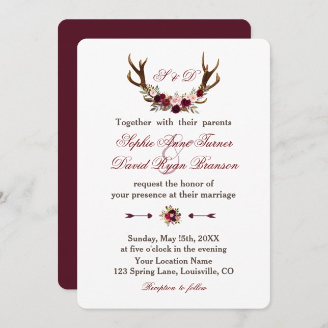 Burgundy Marsala Floral Antlers Wedding Monogram Invitation (Front/Back)