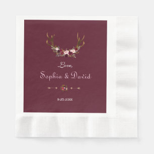 Burgundy Marsala Floral Antlers Wedding Napkin