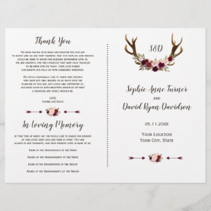 Burgundy Marsala Floral Antlers Wedding Program