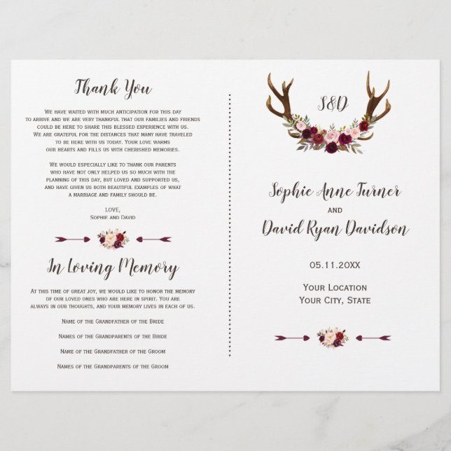 Burgundy Marsala Floral Antlers Wedding Program (Front)