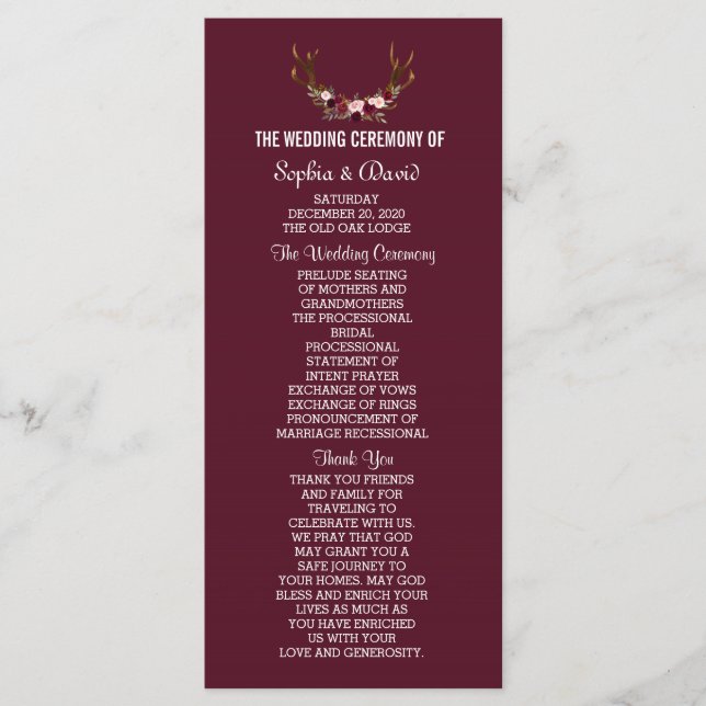 Burgundy Marsala Floral Antlers Wedding Program (Front)