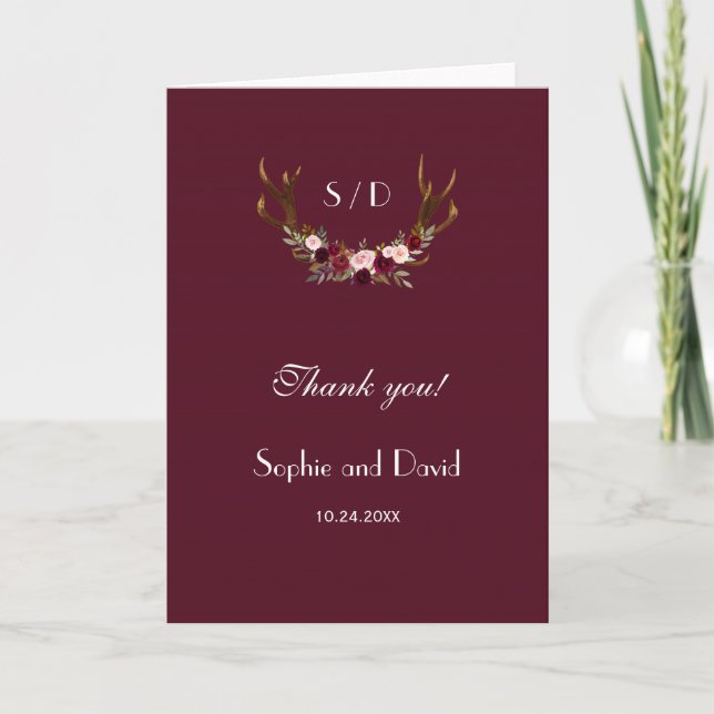 Burgundy Marsala Floral Antlers Wedding Thank you (Front)