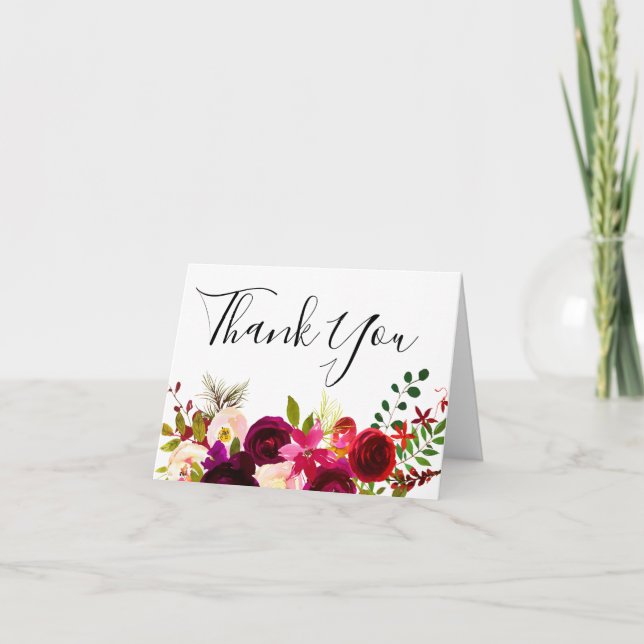 Burgundy Marsala Floral Boho Spring Wedding Thank You Card (Front)