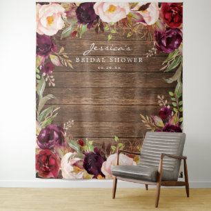 Burgundy Marsala Floral Bridal Shower Backdrop Tapestry