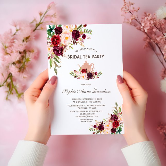 Burgundy Marsala Floral Bridal Shower Tea Party Invitation (Creator Uploaded)