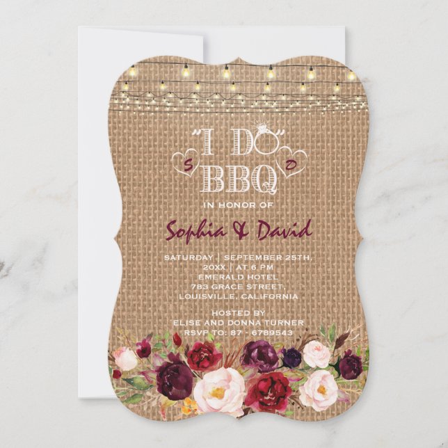 Burgundy Marsala Floral BurlapI DO BBQ Invitation (Front)