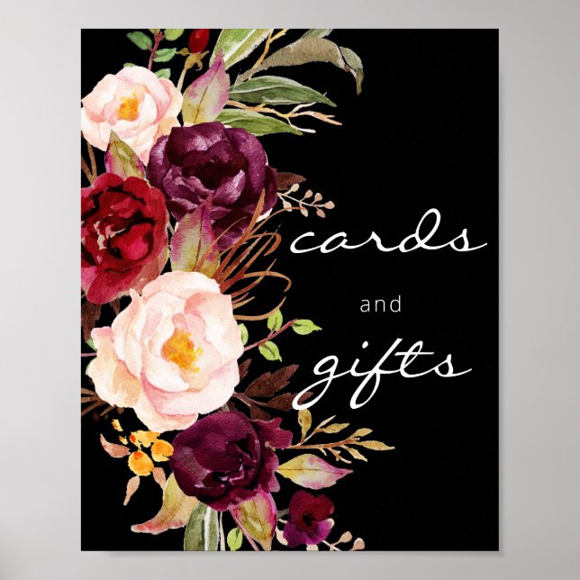 Burgundy Marsala Floral Cards & Gifts Sign Black 3 (Front)
