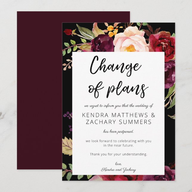 Burgundy Marsala Floral Change of Plans - Black Invitation (Front/Back)