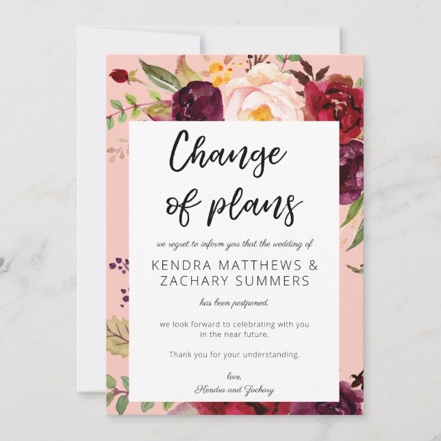 Burgundy Marsala Floral Change of Plans - Pink 2 Invitation (Front)