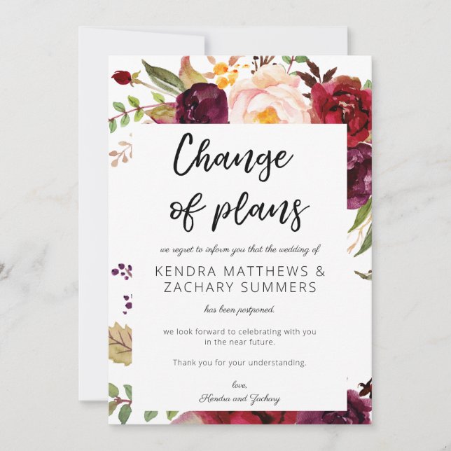 Burgundy Marsala Floral Change of Plans - White Invitation (Front)