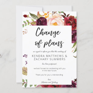 Burgundy Marsala Floral Change of Plans - White Invitation