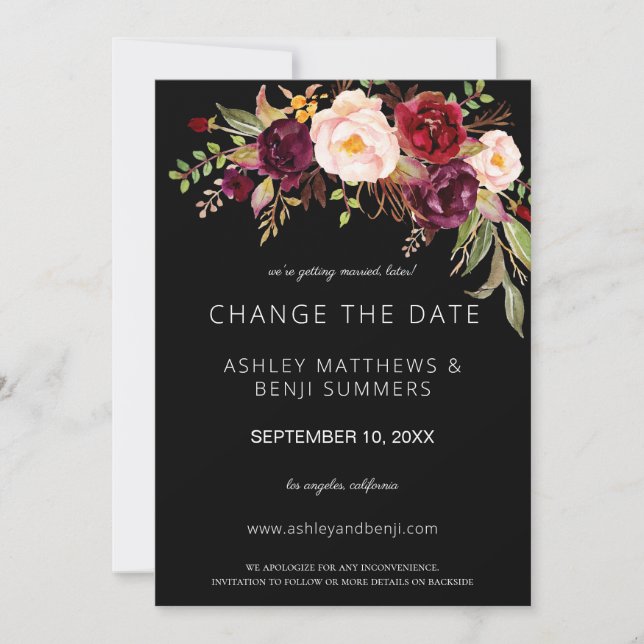 Burgundy Marsala Floral Change the Date - Black Invitation (Front)