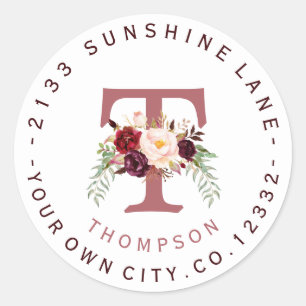 Burgundy Marsala Floral Circular Address Label