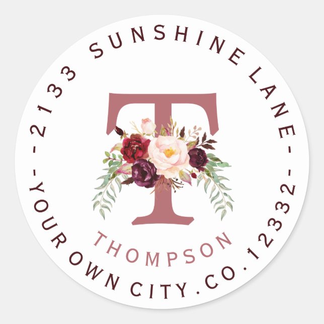 Burgundy Marsala Floral Circular Address Label (Front)