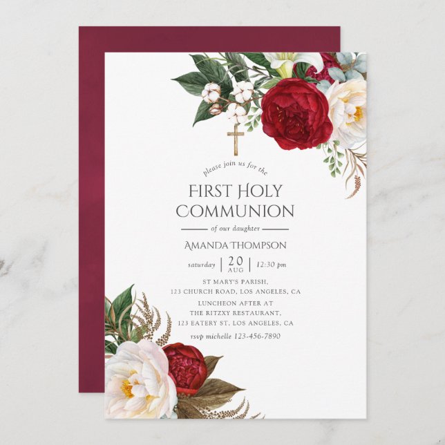 Burgundy - Marsala Floral First Holy Communion Invitation (Front/Back)