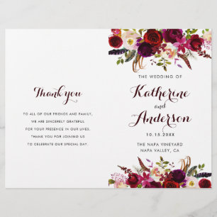 Burgundy Marsala Floral Folded Wedding Program