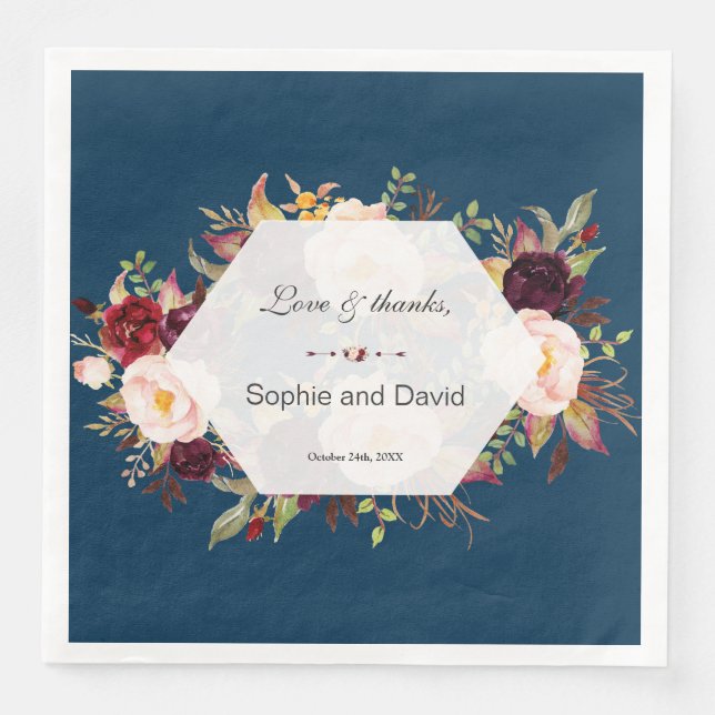 Burgundy Marsala Floral Geometric Navy Wedding Napkin (Front)