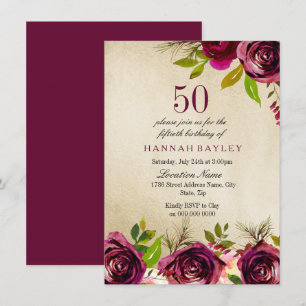 Burgundy Marsala Floral Gold 50th Birthday Invite