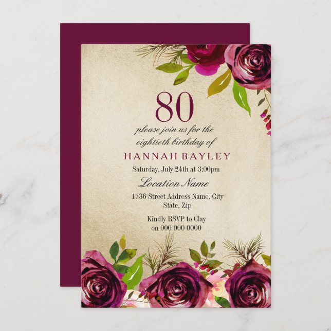 Burgundy Marsala Floral Gold 80th Birthday Invite (Front/Back)