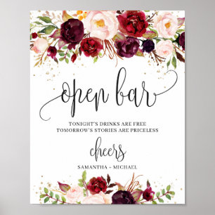 Burgundy marsala floral gold boho open bar sign