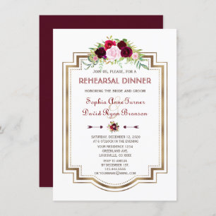 Burgundy Marsala Floral Gold Fall Rehearsal Dinner Invitation