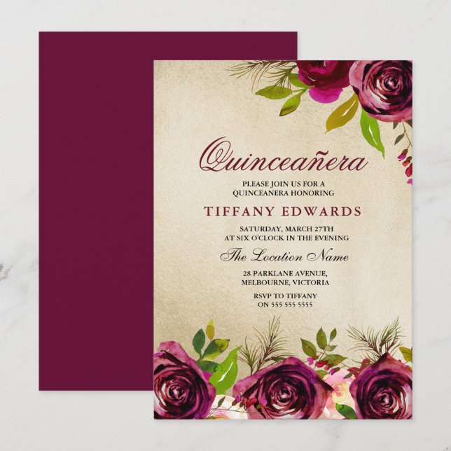 Burgundy Marsala Floral Gold Quinceañera Invite (Front/Back)