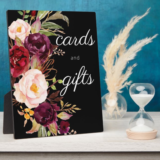 Burgundy Marsala Floral Guestbook Sign Black Plaque (Side)