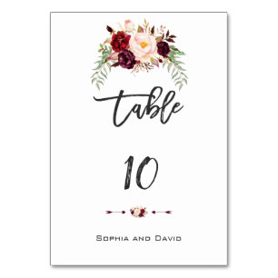 Burgundy Marsala Floral Handwriting Table Number
