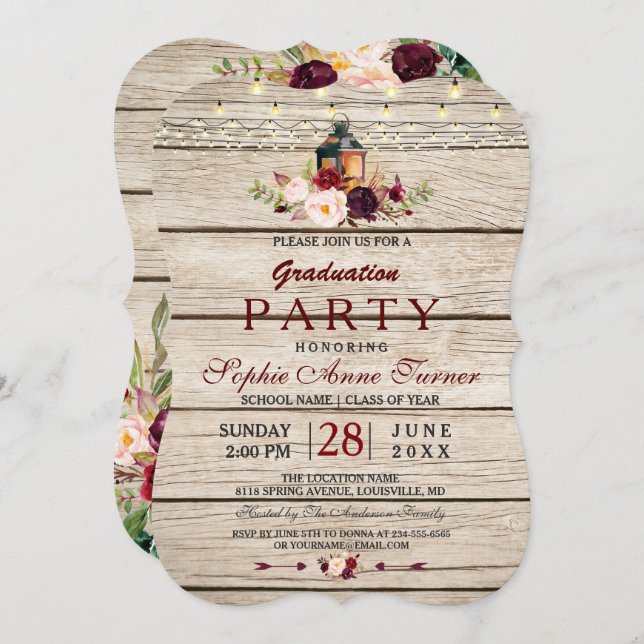 Burgundy Marsala Floral Lantern Graduation Party Invitation (Front/Back)