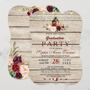 Burgundy Marsala Floral Lantern Graduation Party Invitation