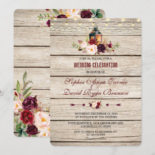 Burgundy Marsala Floral Lantern Wedding Invite
