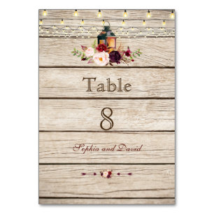 Burgundy Marsala Floral Lantern Wood Table Number