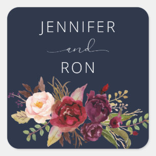 Burgundy Marsala Floral Name Square Navy Sticker