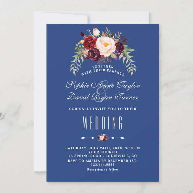 Burgundy Marsala Floral Navy Blue Wedding Invitation (Front)