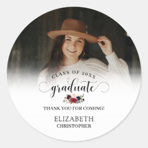 Burgundy Marsala Floral Photo Graduation Thank You Classic Round Sticker