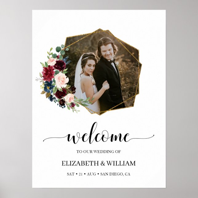 Burgundy Marsala Floral Photo Wedding Welcome Sign (Front)