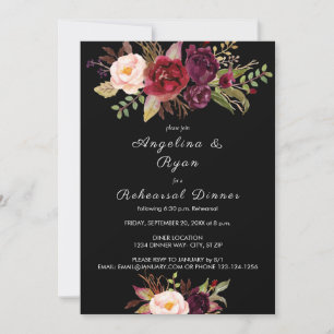 Burgundy Marsala Floral Rehearsal Dinner - Black Invitation
