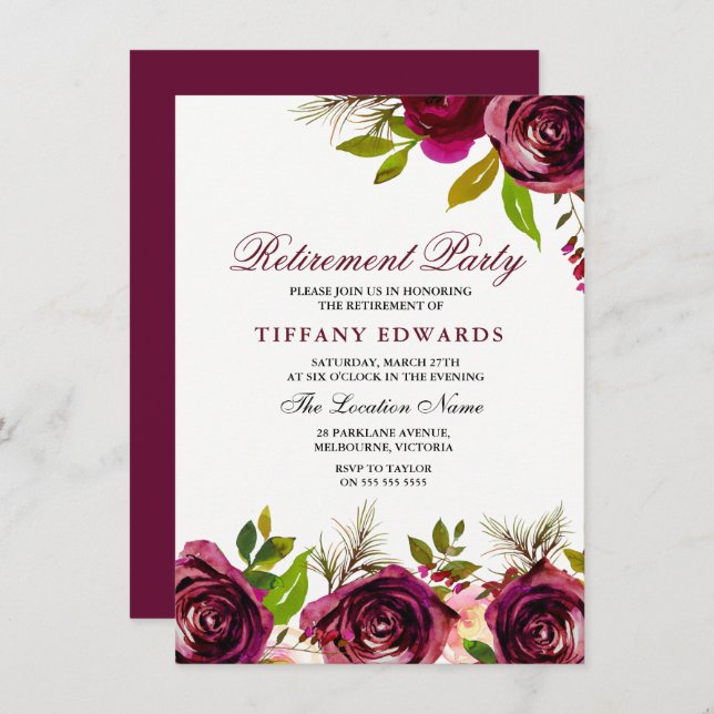 Burgundy Marsala Floral Retirement Party Invite (Front/Back)
