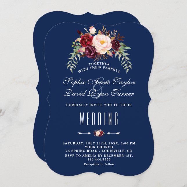 Burgundy Marsala Floral Royal Navy Blue Wedding Invitation (Front/Back)