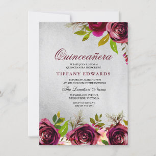 Burgundy Marsala Floral Silver Quinceañera Invite