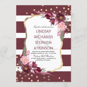 Burgundy Marsala Floral Stripes and Gold Wedding Invitation