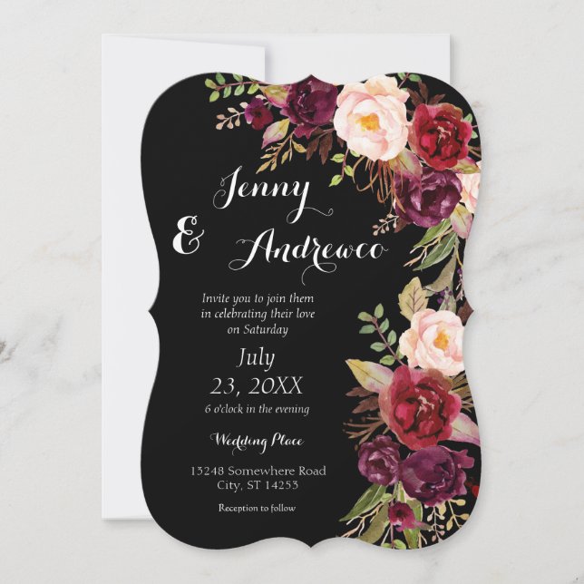 Burgundy Marsala Floral Wedding 2 Black Invitation (Front)
