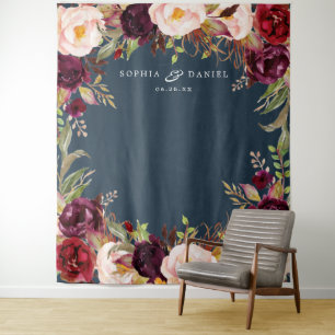 Burgundy Marsala Floral Wedding Decor Backdrop Tapestry
