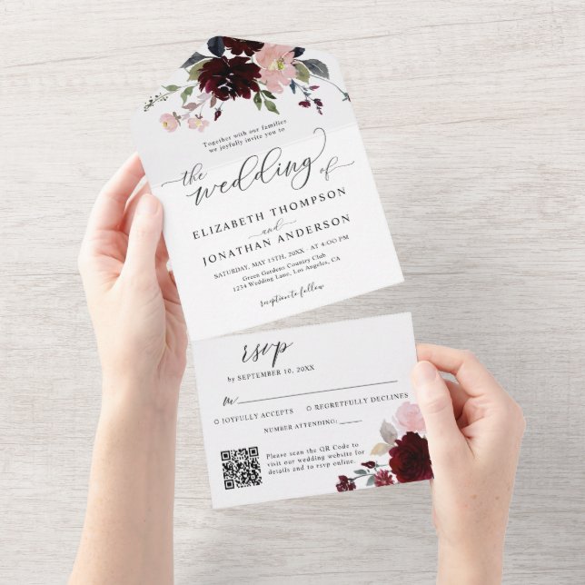 Burgundy Marsala Floral Wedding Details QR RSVP All In One Invitation (Tearaway)